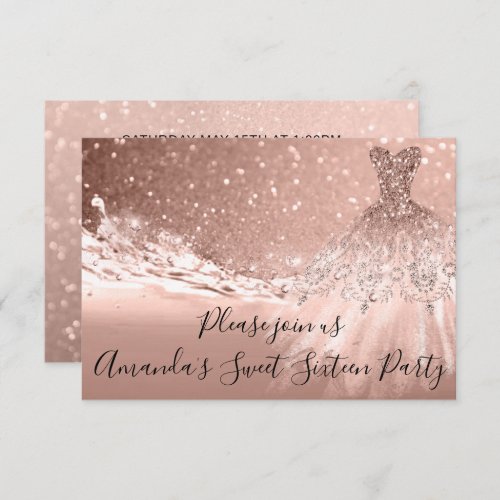 Sweet 16th Party  Rose Gold Glitter Ocean Dress Invitation