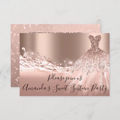 Sweet 16th Party  Rose Gold Glitter Ocean Dress Invitation