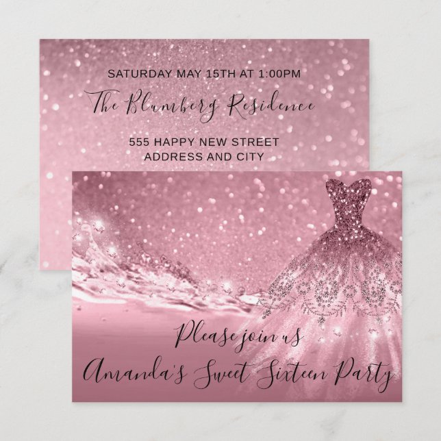 Sweet 16th Party  Rose Pink Glitter Ocean Dress Invitation (Front/Back)