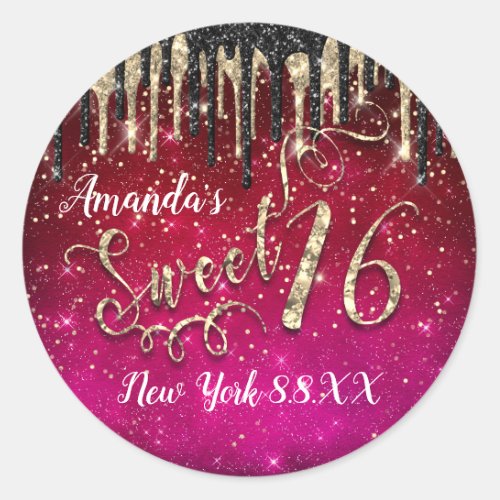 Sweet 16th Party Stars Gold Confetti Drips Pink Classic Round Sticker
