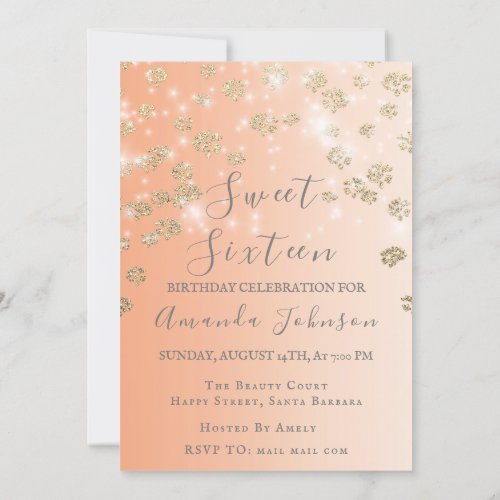 Sweet 16th  Peach Flowers Gold Ombre Photo Gray Invitation