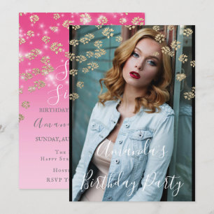 Sweet 16th Pink Flowers Gold Ombre Photo Confetti Invitation