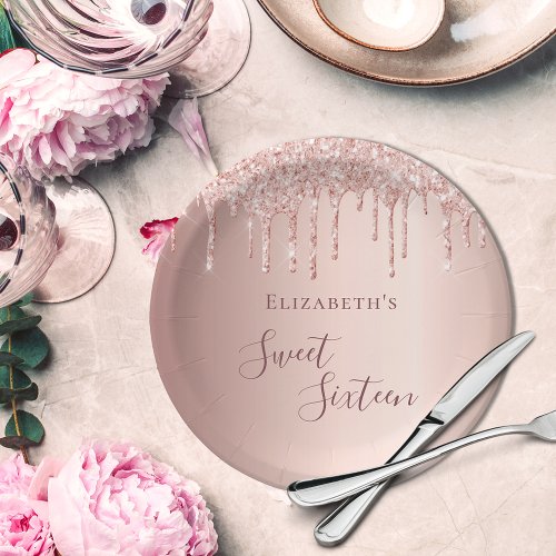 Sweet 16th rose gold glitter drips blush name paper plates