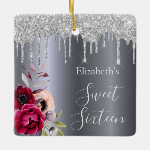 Sweet 16th silver glitter drip floral burgundy ceramic ornament