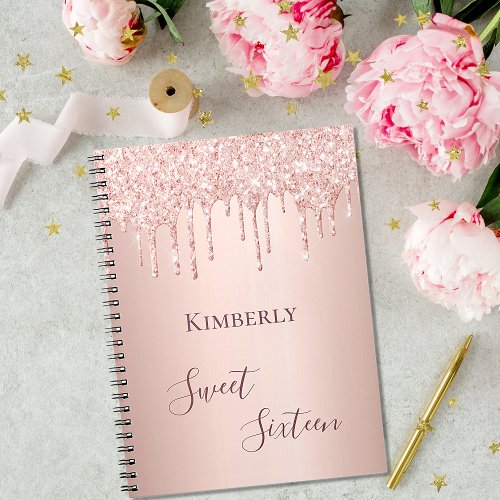 Sweet 16th sixteen 16 birthday rose gold glitter notebook