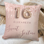 Sweet 16th sixteen 16 rose gold glitter monogram throw pillow<br><div class="desc">A pillow for a 16th years old girls room. A faux rose gold background with faux rose gold and pink glitter drips,  paint dripping look. The text: Sweet Sixteen is written in dark rose gold with a large modern hand lettered style script. Personalize and add a name.</div>