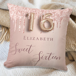 Sweet 16th sixteen 16 rose gold glitter monogram throw pillow