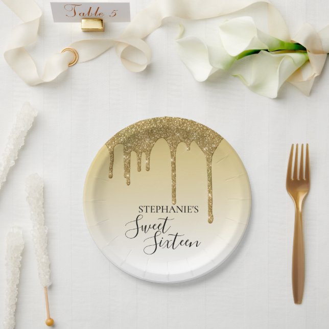 Sweet 16th sixteen birthday gold glitter paper plates (Wedding)