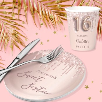 Sweet 16th Sixteen Birthday Rose Gold 16 Glitter Paper Plates by Thunes at Zazzle