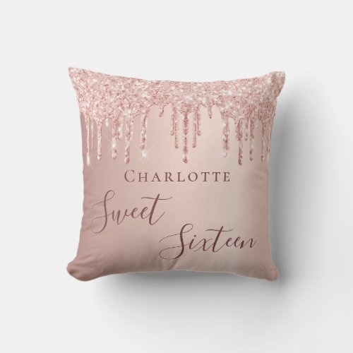 Sweet 16th sixteen teen girl 16 rose gold glitter throw pillow