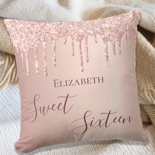 Sweet 16th sixteen teen girl 16 rose gold glitter throw pillow