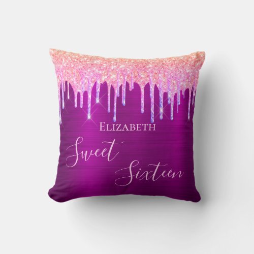 Sweet 16th sixteen teen girl purple glitter pink throw pillow