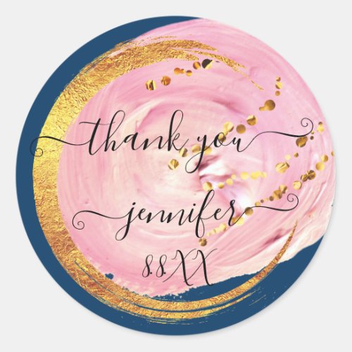 Sweet 16th Thank You Save The Date Pink Navy Gold  Classic Round Sticker