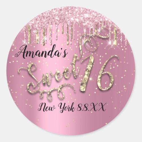 Sweet 16th Tredy Glitter Gold Confetti Pink Drips Classic Round Sticker