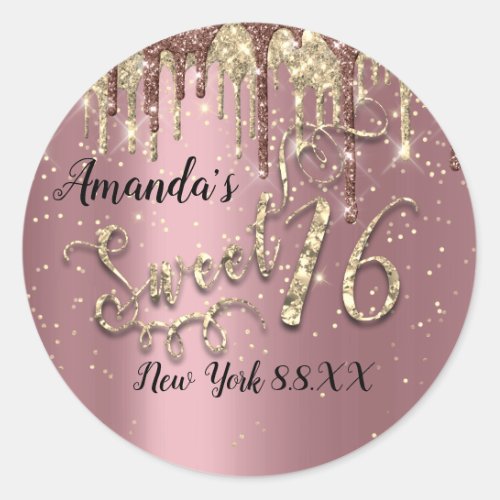 Sweet 16th Trendy Glitter Gold Confetti Rose Drips Classic Round Sticker