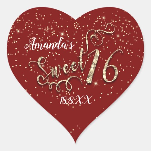 Sweet 16th Unicorn Heart Glitter Burgundy Confetti Heart Sticker