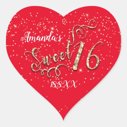 Sweet 16th Unicorn Heart Glitter  RedGold Confetti Heart Sticker