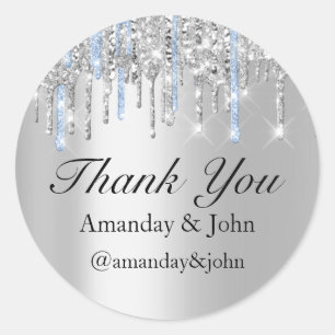 Sweet 16th Wedding Favor Bridal Thank Blue Silver Classic Round Sticker