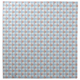 Sweet 50s Retro Rosebud Blue Gingham Check Cloth Napkin