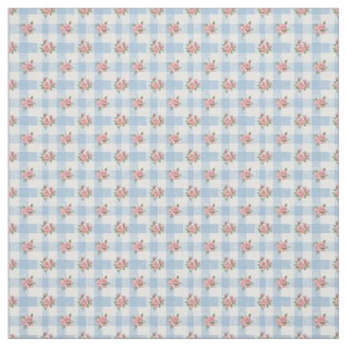 Sweet 50s Retro Rosebud Blue Gingham Check Fabric