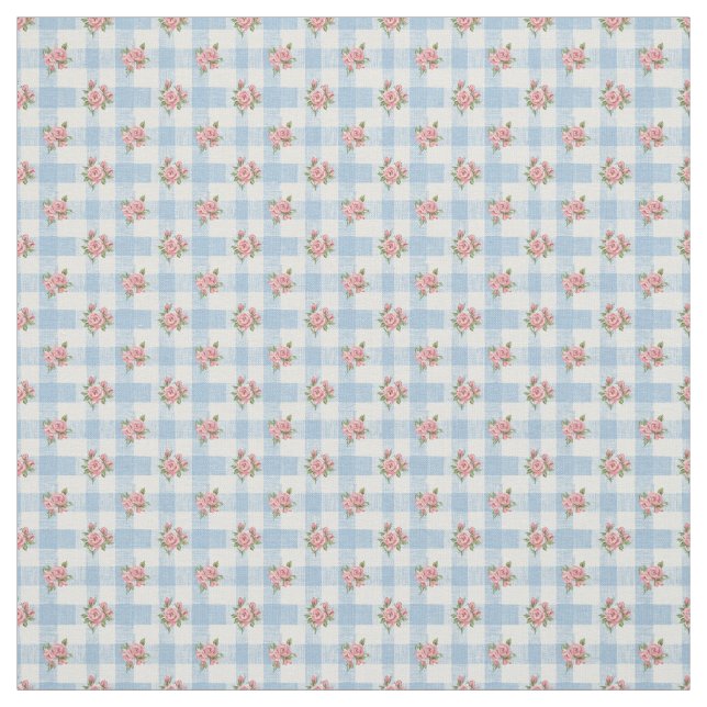 Sweet 50s Retro Rosebud Blue Gingham Check Fabric (Swatch)