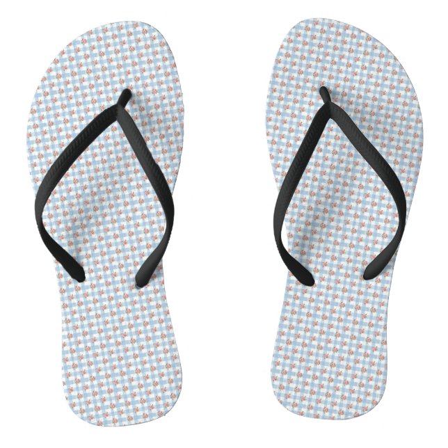 Sweet 50s Retro Rosebud Blue Gingham Check Flip Flops (Footbed)