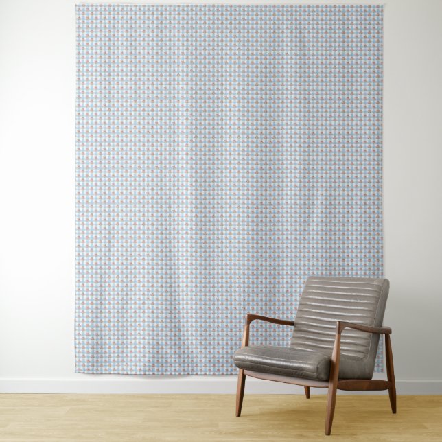 Sweet 50s Retro Rosebud Blue Gingham Check Tapestry (In Situ)