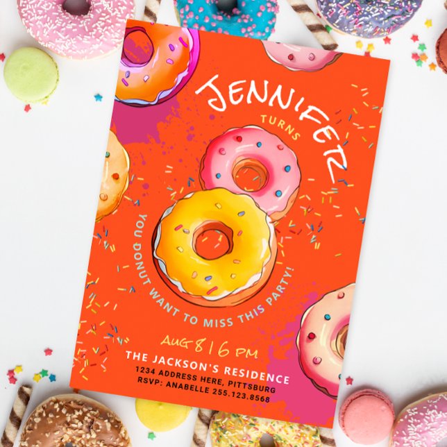 Sweet 8th Orange Red Donut Colorful Sprinkles   Invitation (Creator Uploaded)