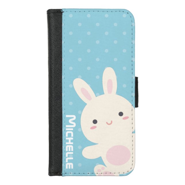 Sweet Adorable Cute Bunny Pastel Blue Polka Dots iPhone Wallet Case (Front)