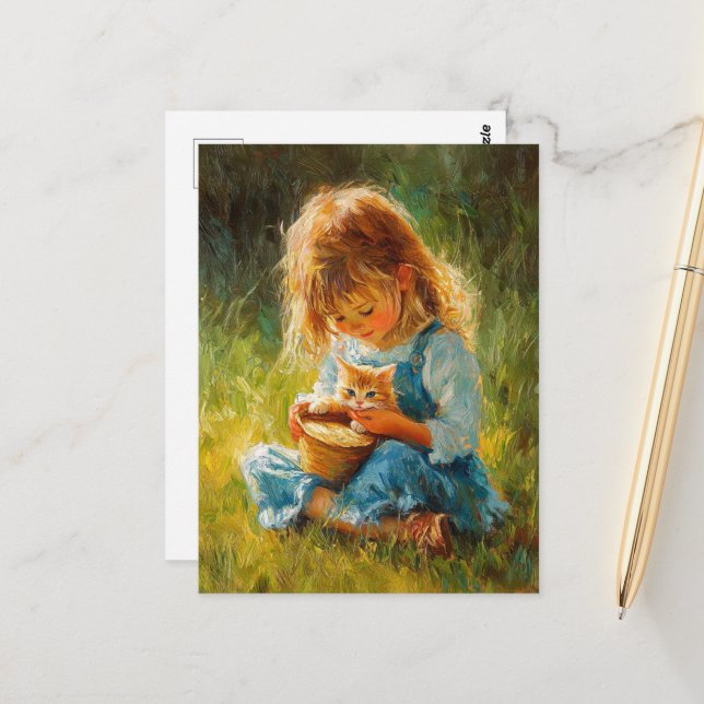 Sweet Adorable Little Girl and Her Kitten Postcard (Front/Back In Situ)