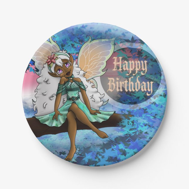 Sweet African American Fairy Birthday Paper Plates (Front)