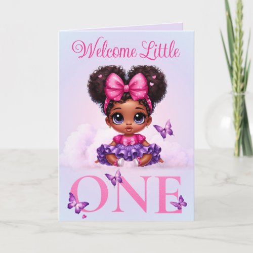 Sweet Afro Baby Girl Pastel Butterfly Welcome Card