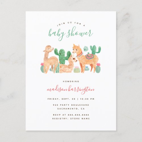 Sweet Alpaca Llama Cactus Boho Baby Shower Invitation Postcard