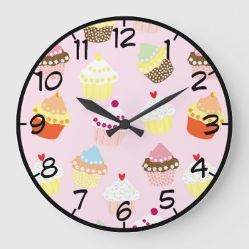 Sweet And Colorful Cupcake Pattern With Numbers Large Clock by Tissling at Zazzle