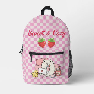 Sweet and Cozy Cute Frog Strawberry Checkered Back Printed Backpack