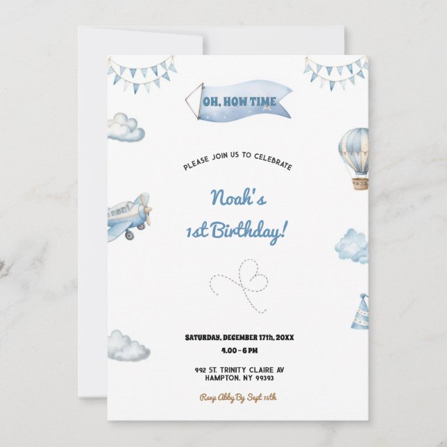 Sweet and cute airplane birthday party invitation (Front)