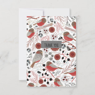 Sweet And Cute Chickadees Red and Gray Thank You Card