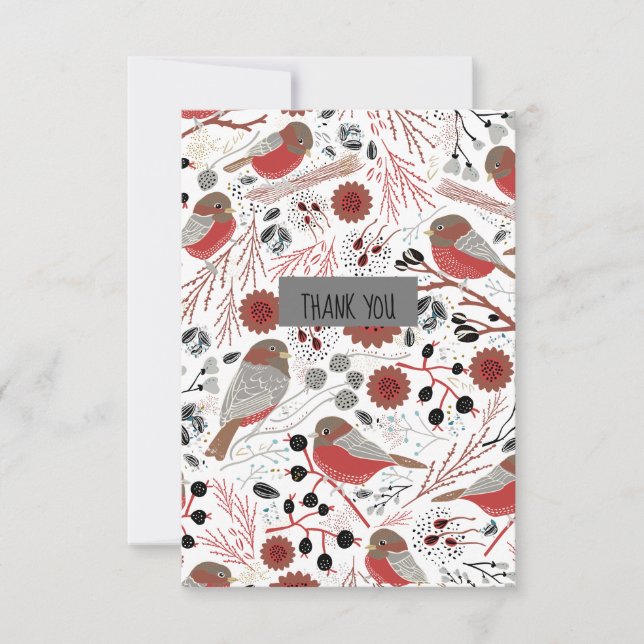 Sweet And Cute Chickadees Red and Gray Thank You Card (Front)