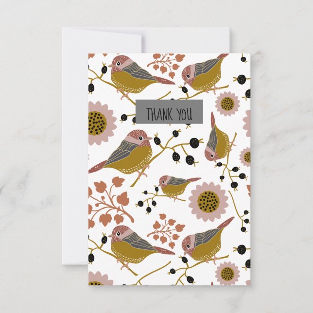 Sweet And Cute Chickadees With Flowers and Berries Thank You Card (Front)