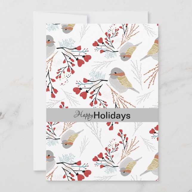 Sweet And Cute Chickadees With Hearts Holiday Card (Front)