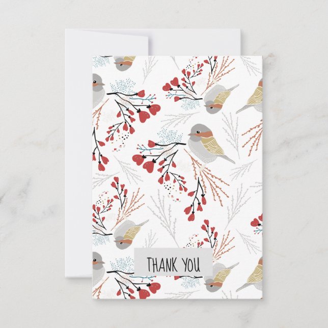 Sweet And Cute Chickadees With Hearts Thank You Card (Front)
