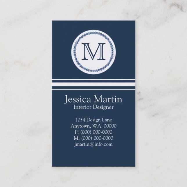 Sweet and Delicate Monogram Business Card, Blue Card (Front)