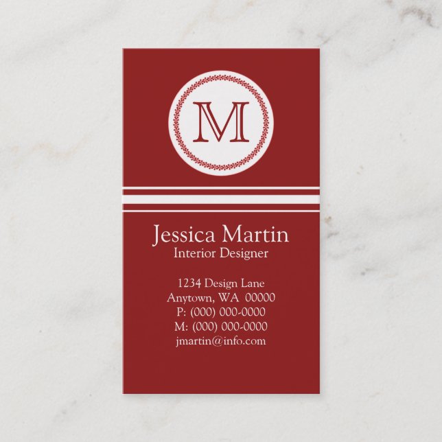 Sweet and Delicate Monogram Business Card, Red Card (Front)