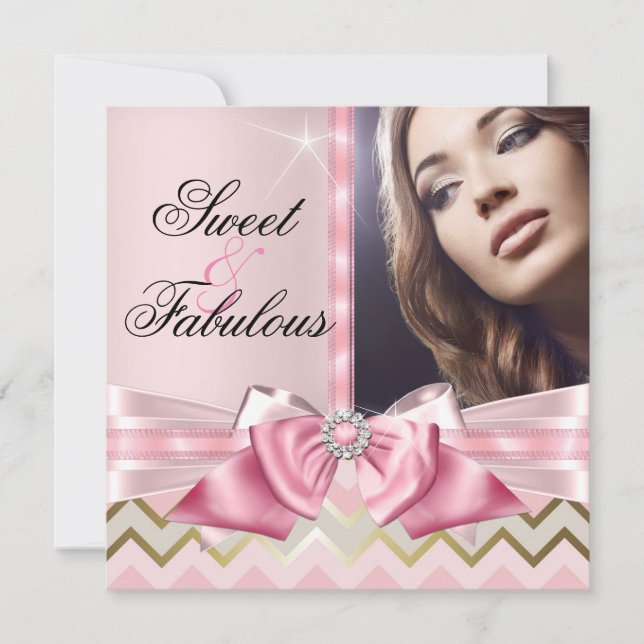 Sweet and Fabulous Pink Gold Chevron Birthday 3 Invitation (Front)