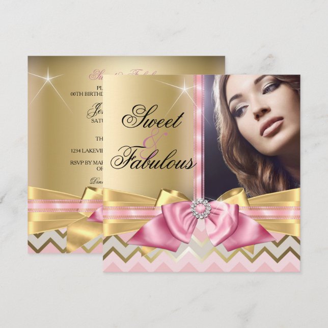 Sweet and Fabulous Pink Gold Chevron Birthday Invitation (Front/Back)