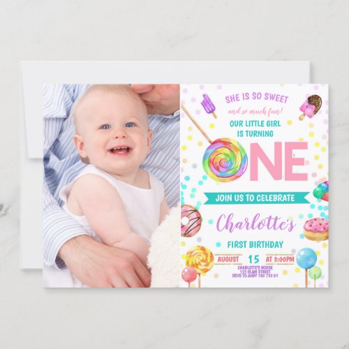 Sweet and Fun Candy Land Sweet Girl 1st Birthday Invitation