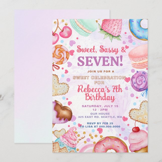 Sweet and Sassy 7th Birthday Party Invitation (Front/Back)