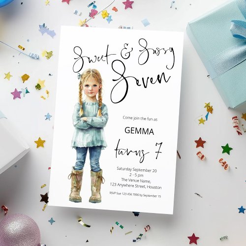 Sweet and Sassy Seven Girl 7th Birthday Party Invitation