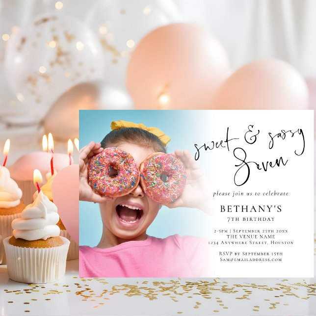 Sweet and Sassy Seven Photo Overlay 7th Birthday Invitation (Creator Uploaded)