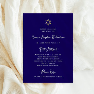 Sweet and Simple Blue White and Gold Bat Mitzvah Invitation